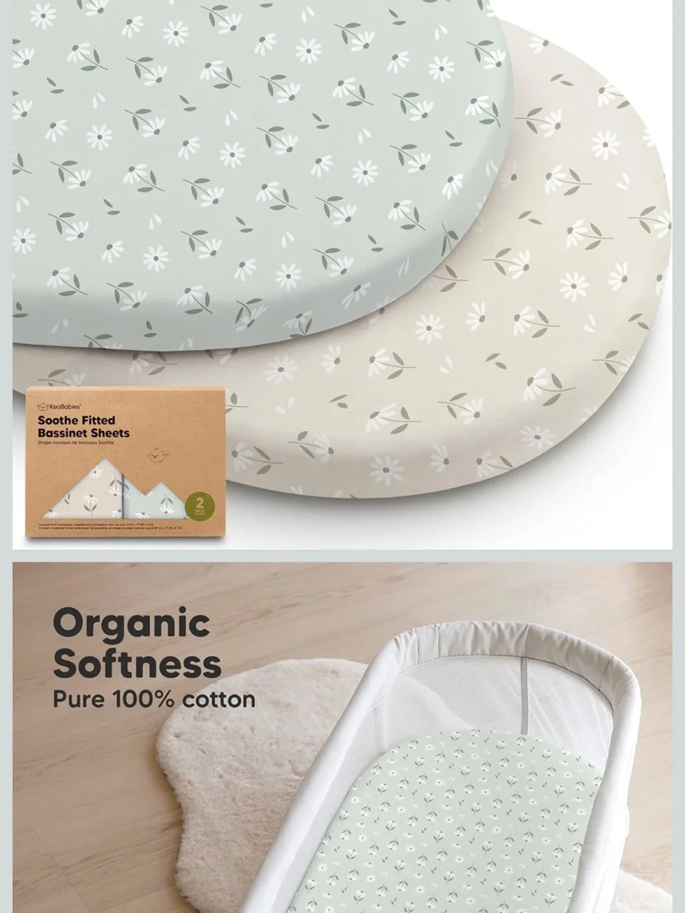 Organic Daisy Bassinet Fitted Sheets - Sage Green & Soft Cream (2-Pack)